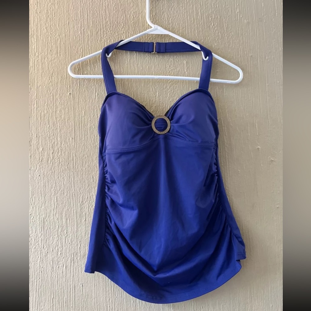 Lands End Tankini Swim Top Size 10 Blue Halter Padded 386535 Ruched Flattering